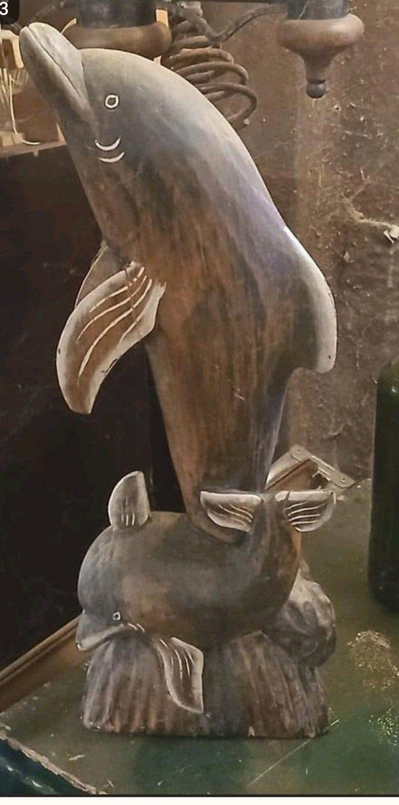 Houten dolfijn beeld - Handgesneden decoratie, Antiek en Kunst, Handgemaakt, Zeeleven, Beeld, Hout