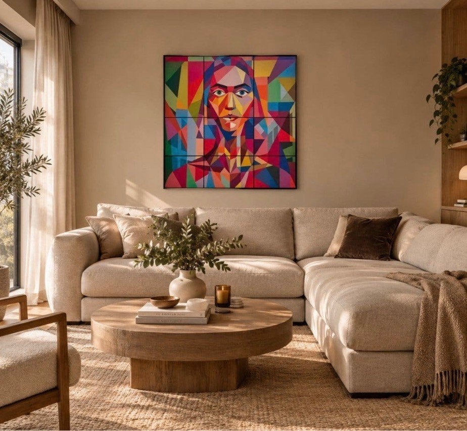 Schilderij Franklin van Dam - Geometrisch Portret (96x96cm), Ophalen of Verzenden, Hout, Acrylverf, Abstract