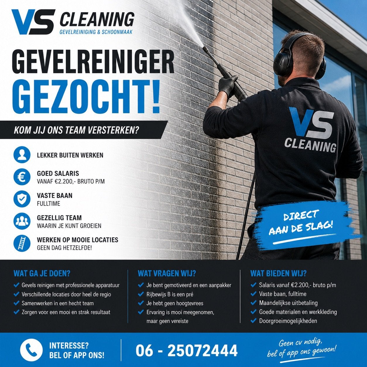 Gevelreiniger gezocht!, Overige niveaus, 33 - 40 uur, Geschikt als bijbaan, Starter