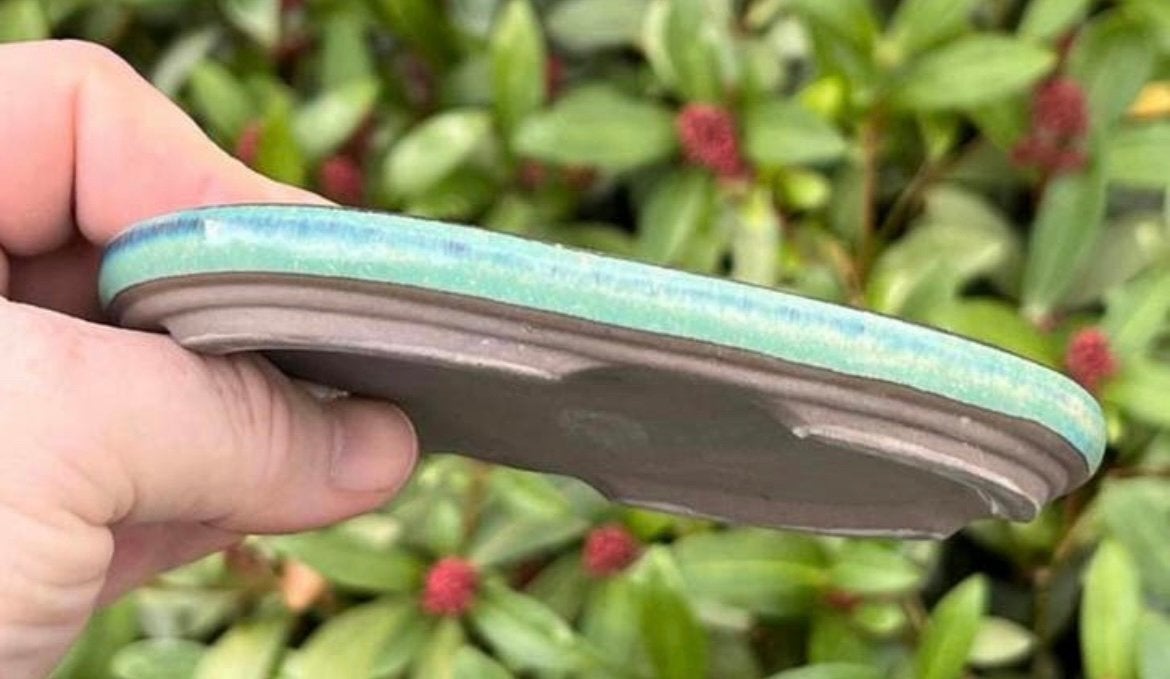 Bonsai onderzetter ovaal Turquoise geglazuurd 13,6x10,7x1,5, Ophalen of Verzenden, Zo goed als nieuw, Overige vormen, Aardewerk