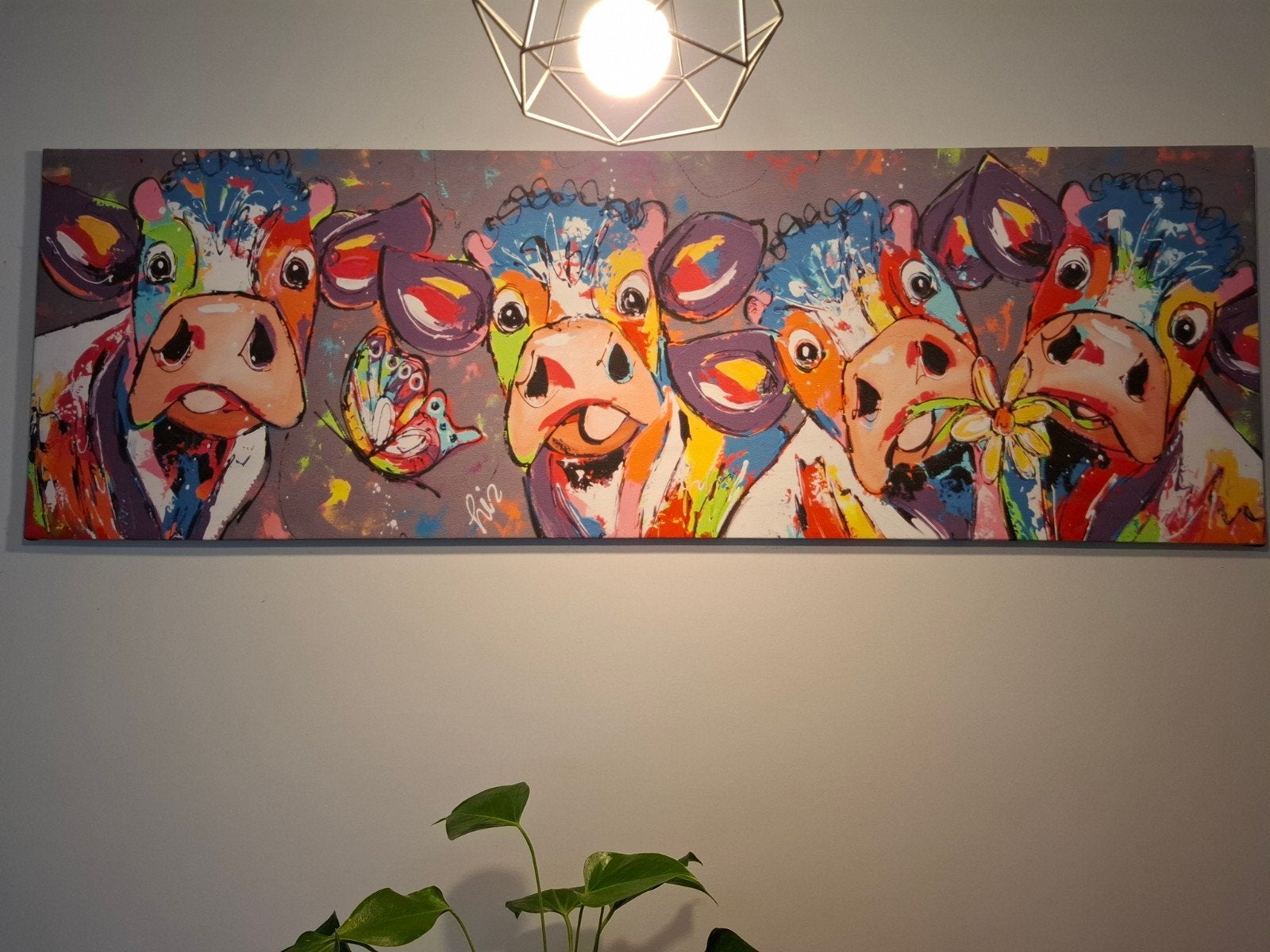 Kleurrijk Canvas Schilderij Koeien - 144x47 cm, Antiek en Kunst, Ophalen, Textiel, Op houten frame, Dieren