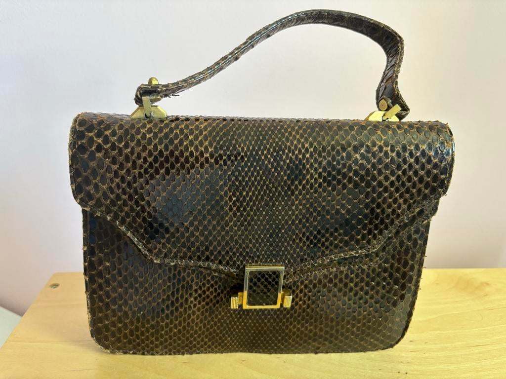 Vintage Handtas Slangenleer Look - Donkerbruin, Ophalen of Verzenden, Zo goed als nieuw, Bruin, Handtas