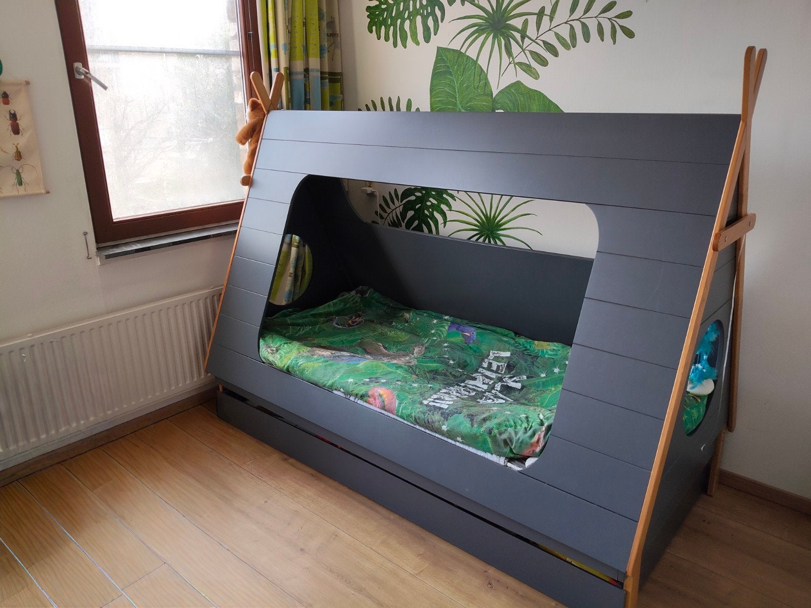 BLN Kids Tipi Bed Grijs/Naturel met Lade, Ophalen, Zo goed als nieuw, 160 tot 180 cm, 100 cm of meer