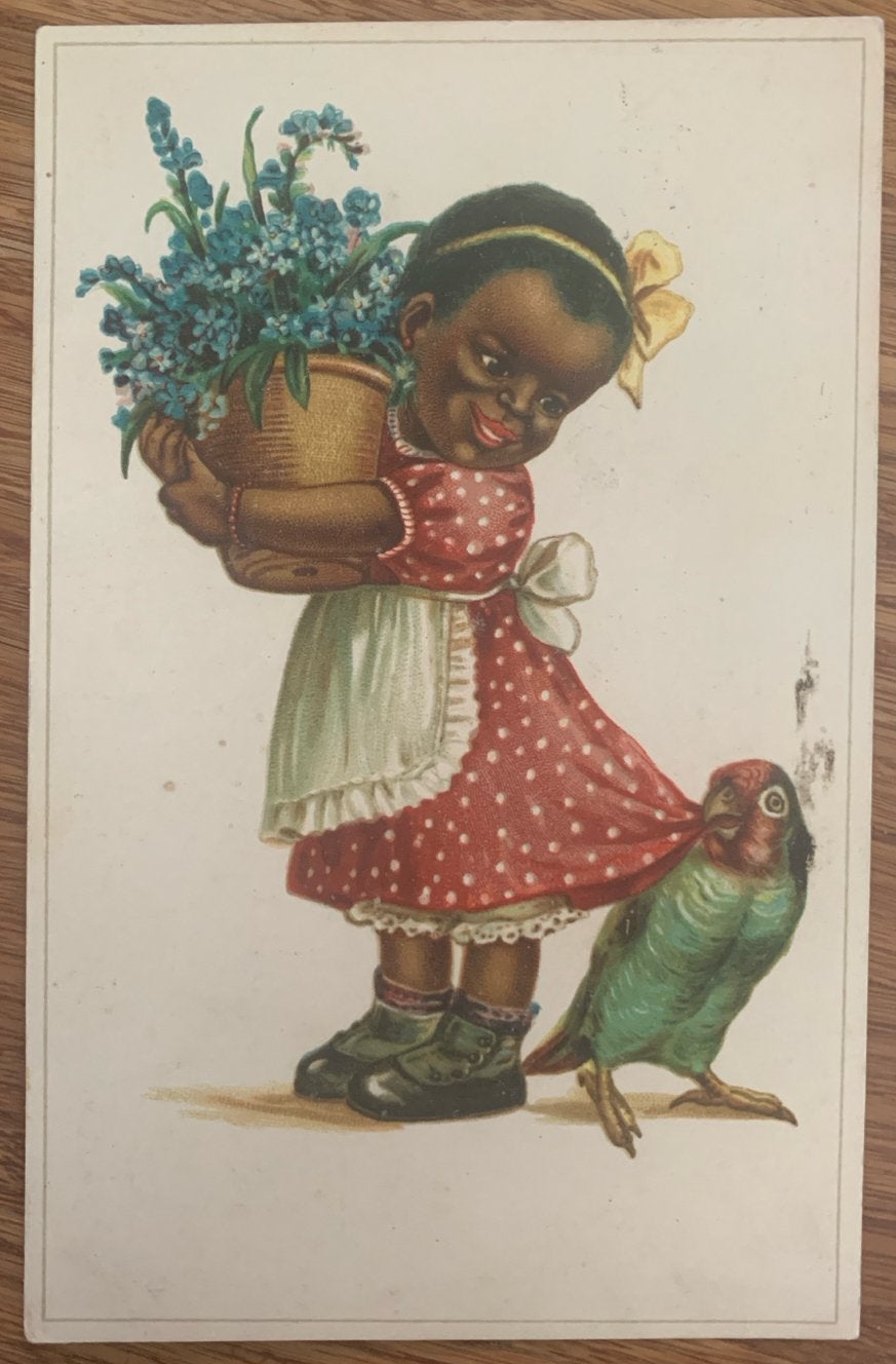 Antieke Ansichtkaart: Meisje met Bloemen en Papegaai, Ophalen of Verzenden, 1920 tot 1940, Gelopen, Zuid-Holland