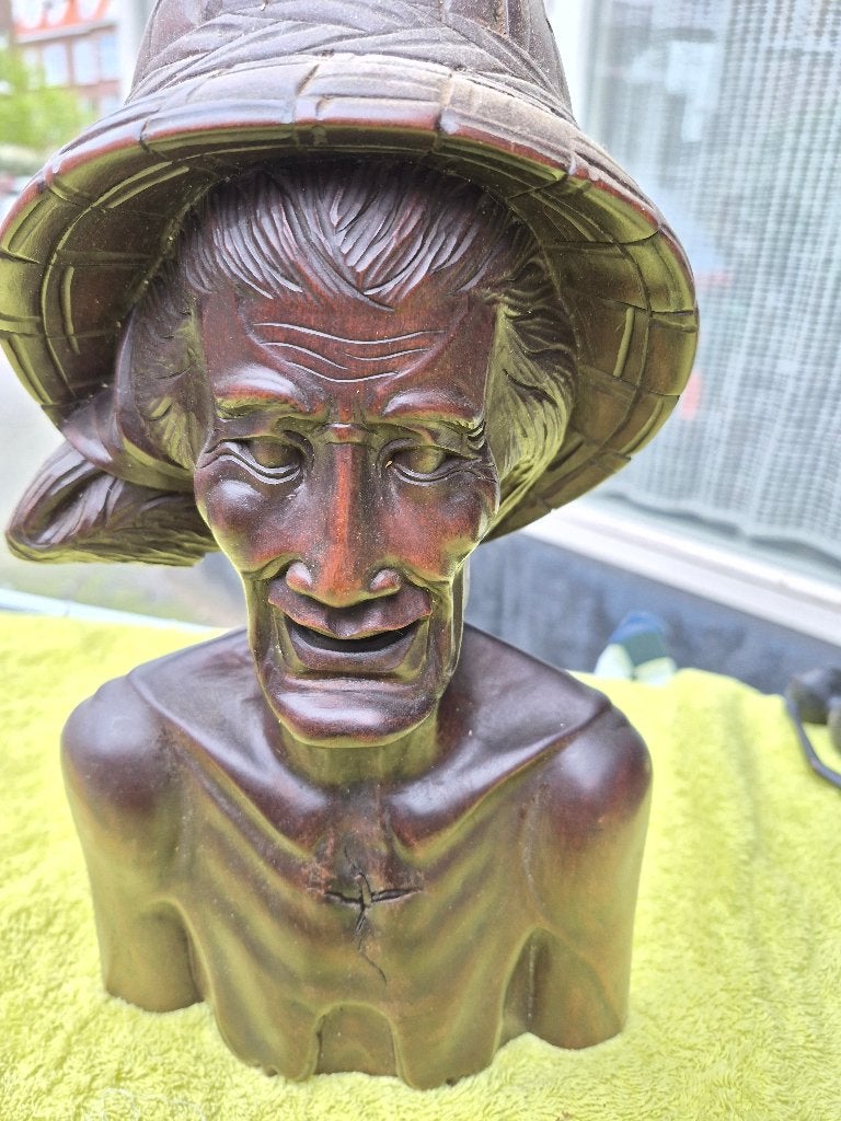 Antieke handgemaakte borstbeeld oudere man uit Indonesië, Ophalen, Houtsnijwerk, Art deco, Handgemaakt