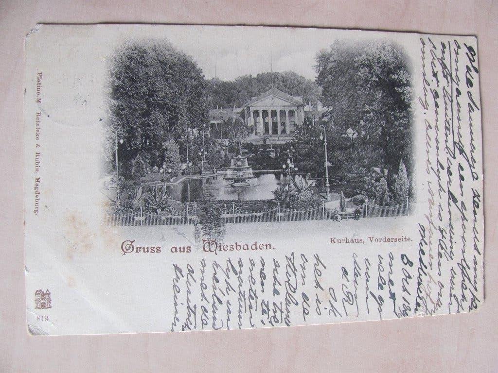 Wiesbaden 1899 Kurhaus Vorderseite, Ophalen of Verzenden, Voor 1920, Gelopen, Duitsland