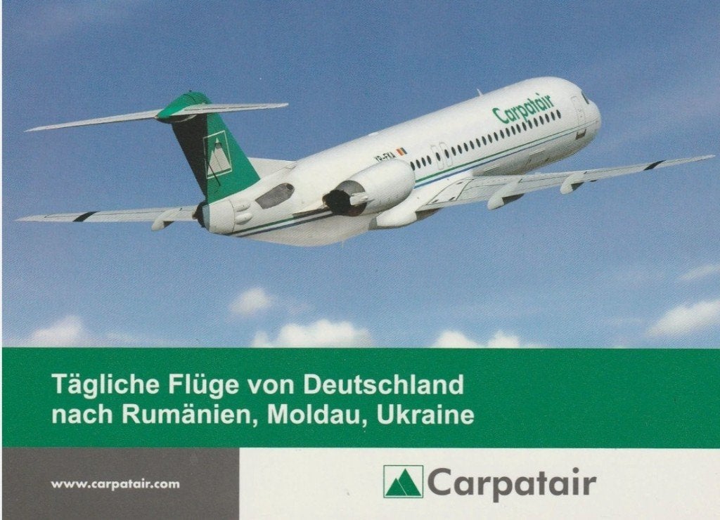 Carpatair Fokker 100 ansichtkaart (airline issue), Ophalen of Verzenden, Nieuw, Kaart, Foto of Prent