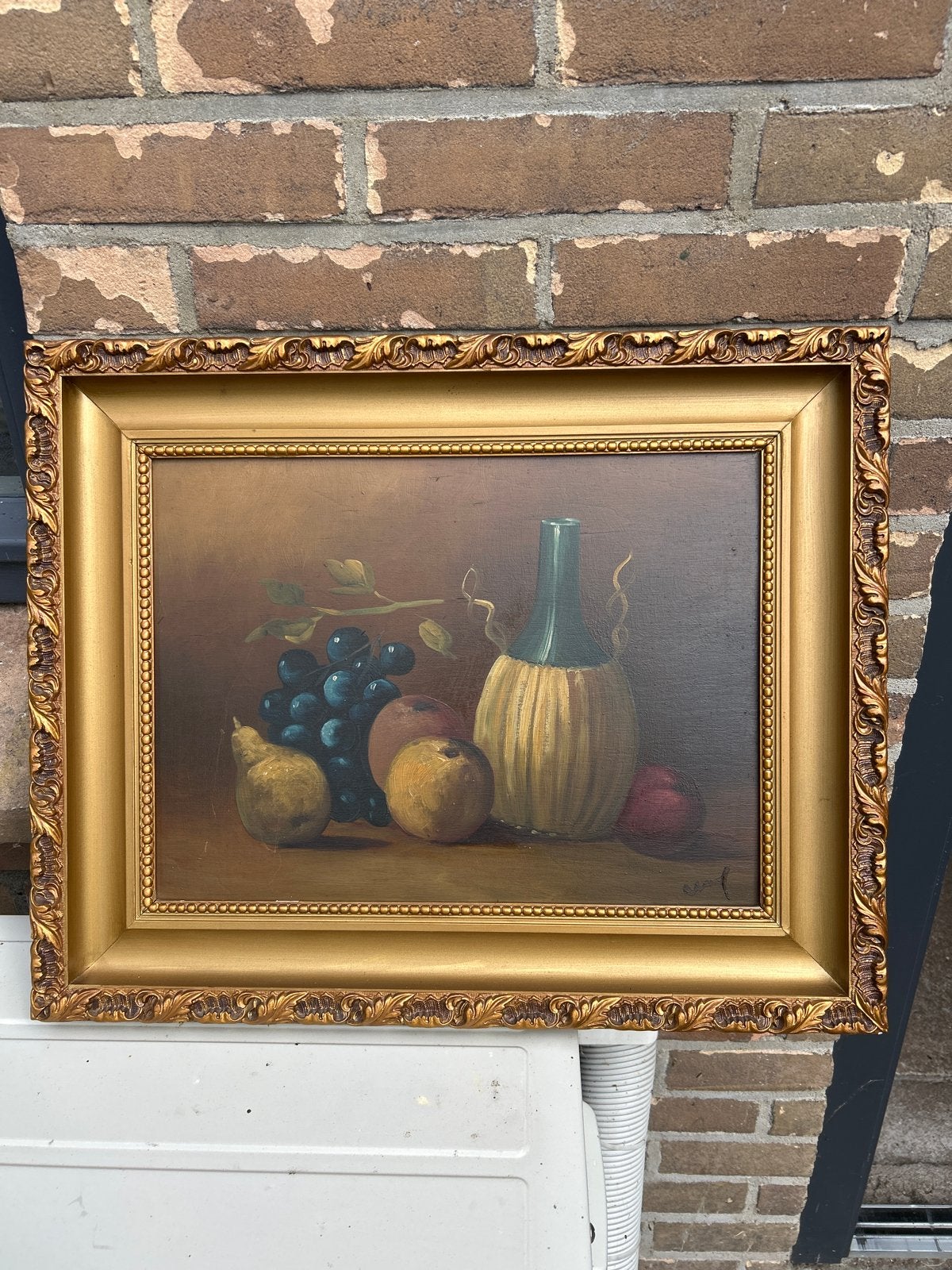 Schilderij stilleven met fruit en fles, 51x41 cm, Antiek en Kunst, Ophalen, Doek, Stilleven, Olieverf