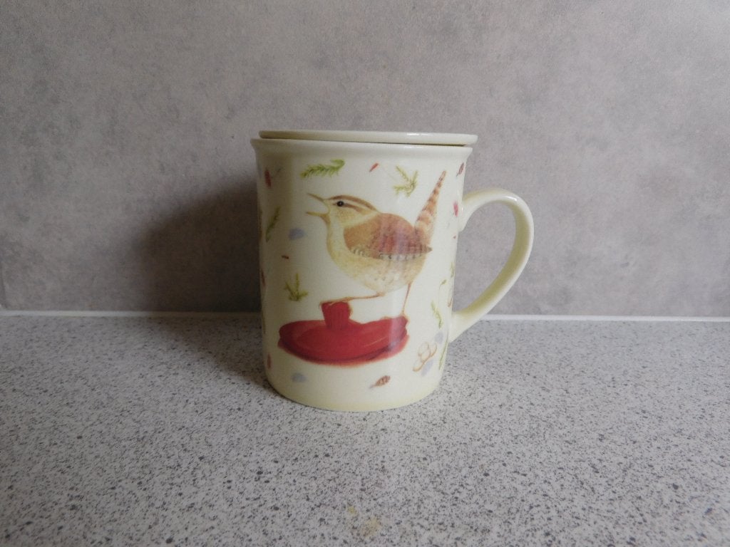 Mok met theezeef en deksel - Winterkoninkje Vivara - 9x8 cm., Huis en Inrichting, Overige merken, Keramiek, Zo goed als nieuw