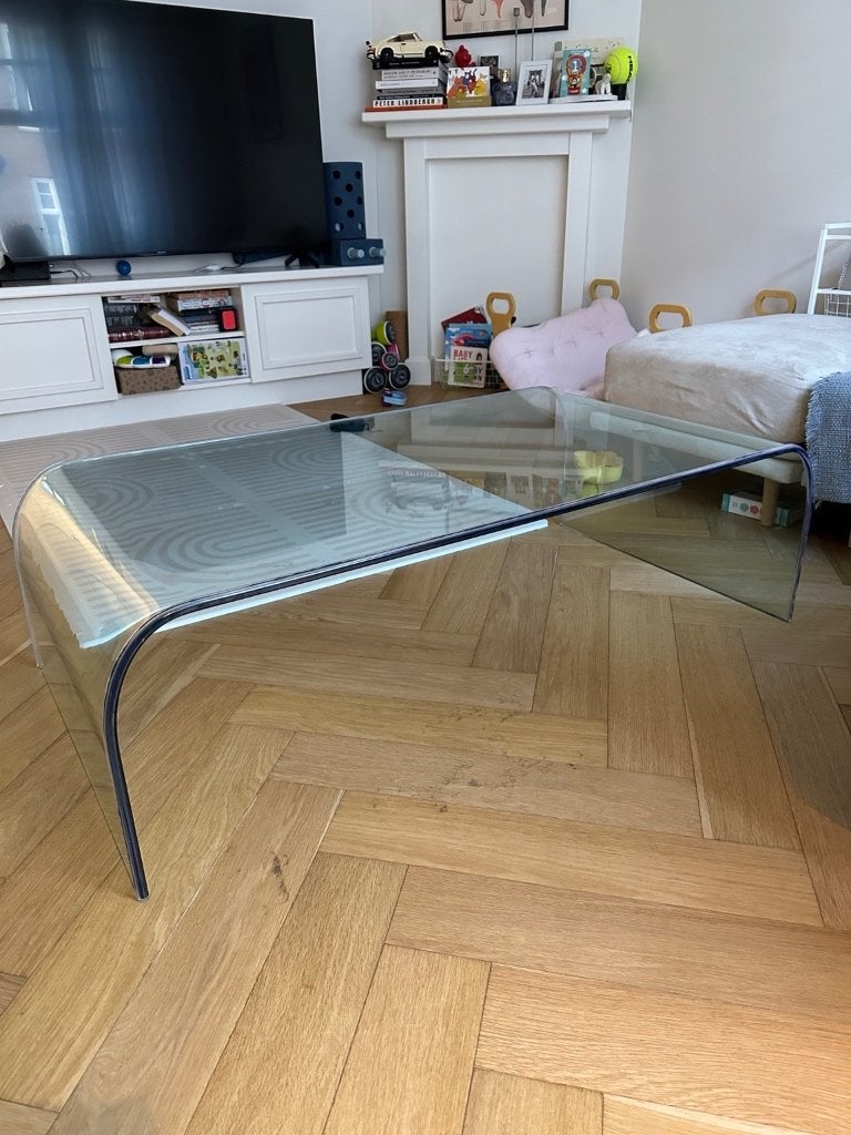 Vintage Iittala glazen salontafel, janen 90s, Huis en Inrichting, Ophalen, Gebruikt, 100 tot 150 cm, Vierkant