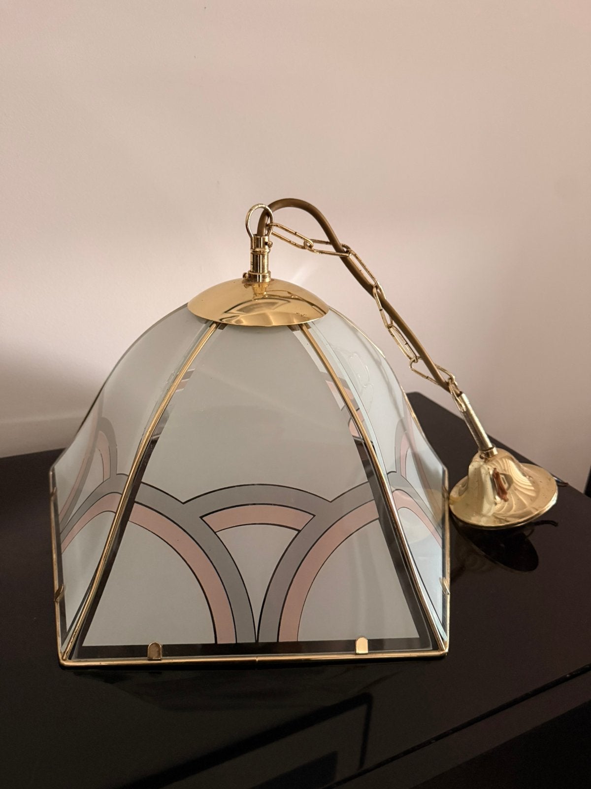 Vintage Hollywood Regency hanglamp – goud & glas, Vintage, Ophalen of Verzenden, X, Glas