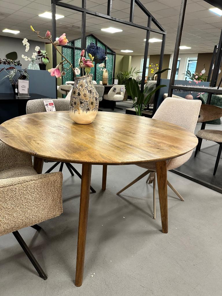 Mango houten tafel rond 120cm - ronde tafel 120cm hout, Ophalen, Nieuw, Hout, Vijf, Zes of meer stoelen
