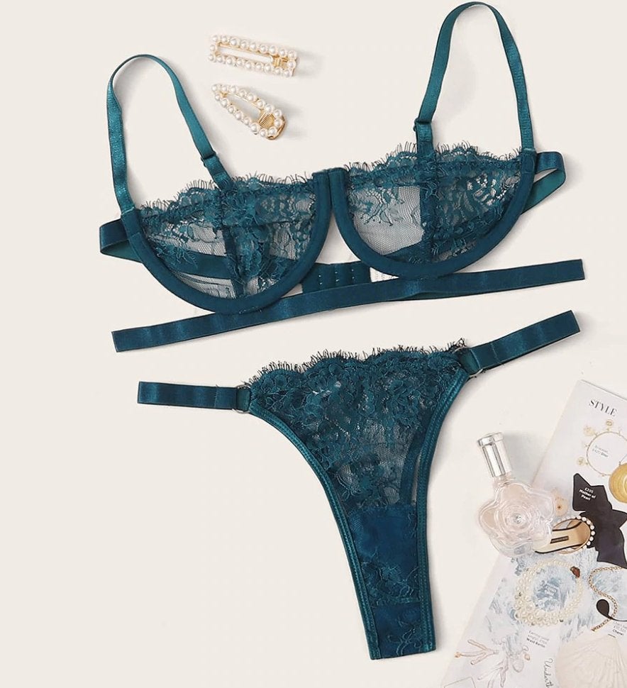 Doorzichtige blauwe bh slipje setje kanten lingerie dames, Verzenden, Blauw, Setje