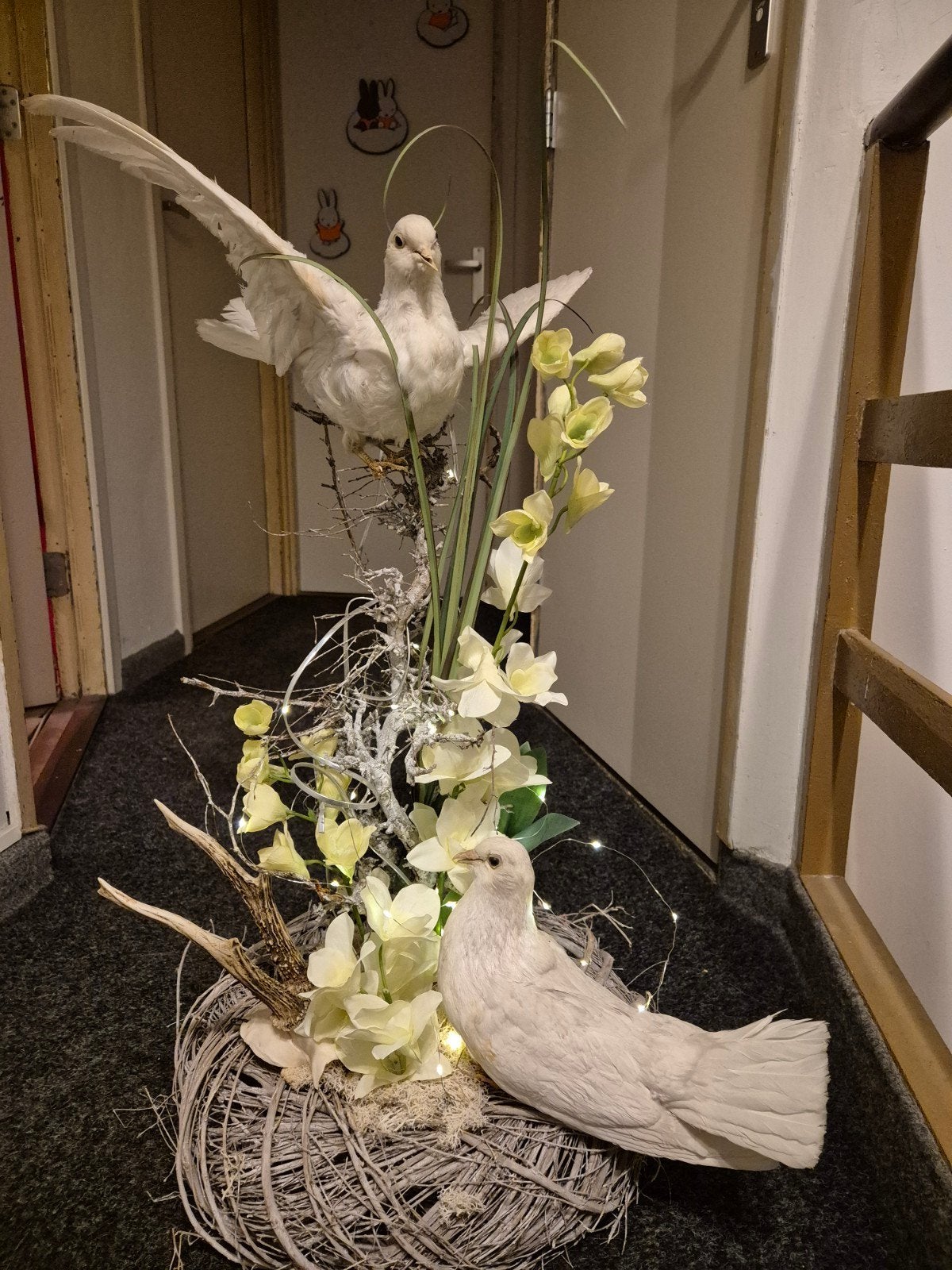 2 Opgezette brocante witte duifjes., Ophalen of Verzenden, Gebruikt, Vogel, Opgezet dier