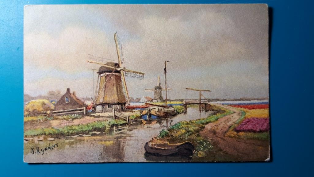 Schilderij J. Rijnders . Hollands landschap molens, Ophalen of Verzenden, 1960 tot 1980, Ongelopen