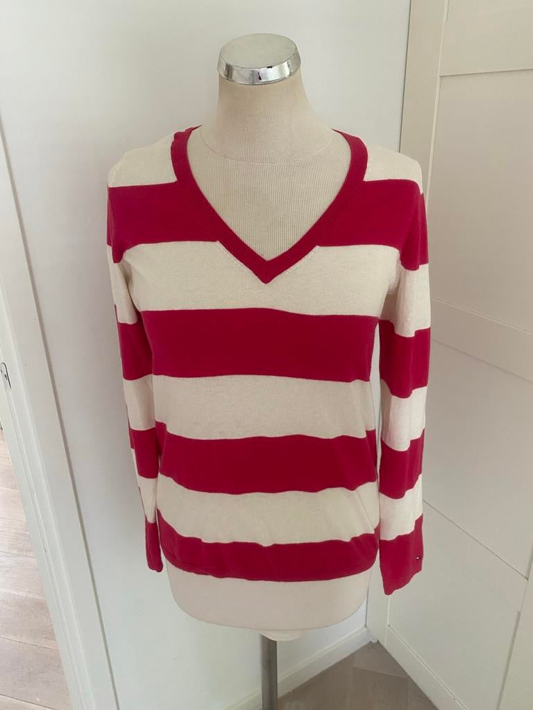Tommy Hilfiger gestreepte V-hals trui, rood/wit, maat S, Ophalen of Verzenden, Zo goed als nieuw
