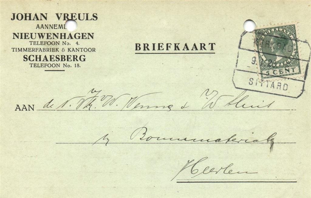 Johan Vreuls, Nieuwenhagen / Schaesberg - 01.1928 - briefkaa, Ophalen of Verzenden, Briefkaart