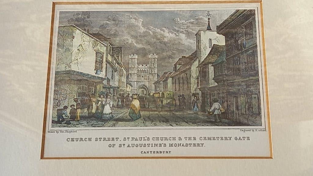 Mooie antieke ingelijste Canterbury gravure uit Engeland., Handgekleurd, 1800 - 1899, Stadsgezicht, Ophalen of Verzenden