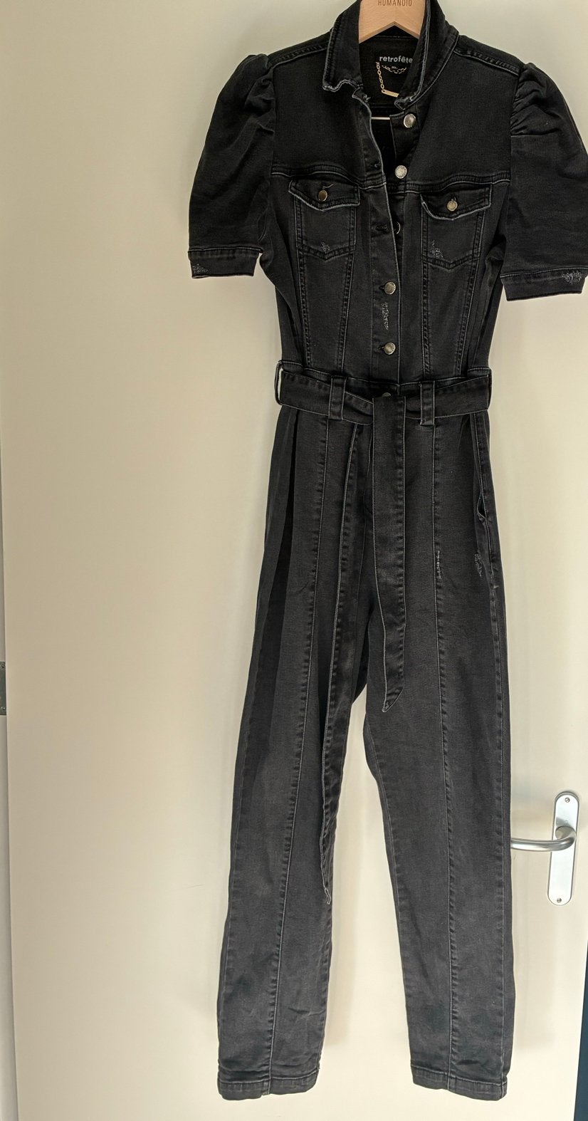 Retroféte Jumpsuit Zwart Denim Maat XL (42) Wow!, Verzenden, Zo goed als nieuw, Maat 42/44 (L), Zwart