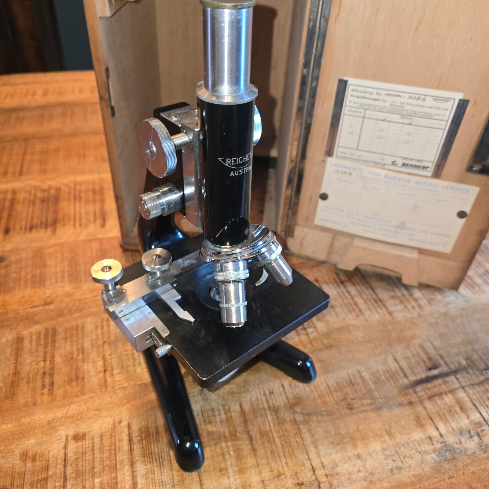 Antieke Reichert Microscoop met Houten Kist - Oostenrijk, Ophalen of Verzenden