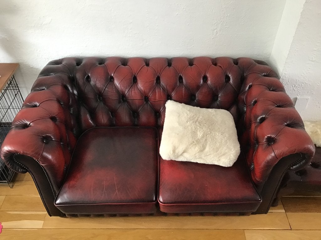 Chesterfield bank, fauteuil en poef, Ophalen, Gebruikt, Chesterfield, 75 tot 100 cm