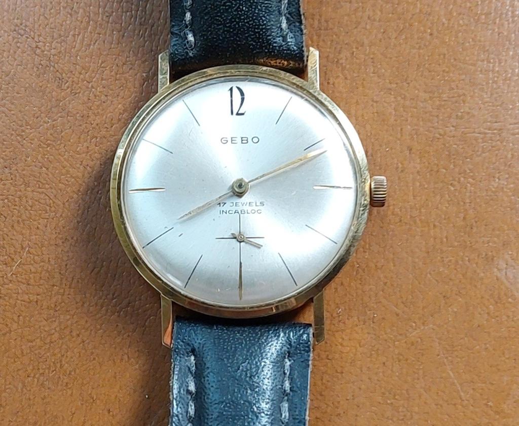 14 k vintage Gebo herenhorloge G.Bonewit Amsterdam 1960, Ophalen of Verzenden, Gebruikt, Leer, Overige merken