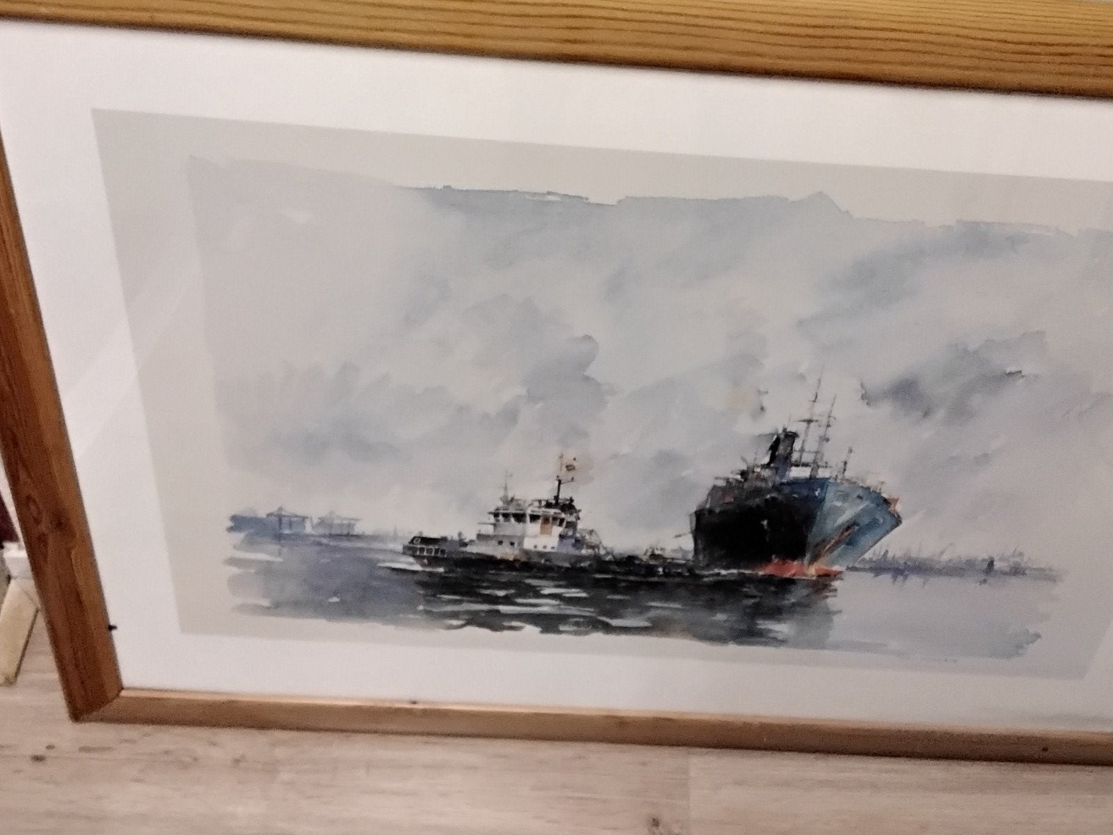 Maritiem schilderij: sleepboot en vrachtschip op water, Watersport en Boten, Ophalen, Nieuw