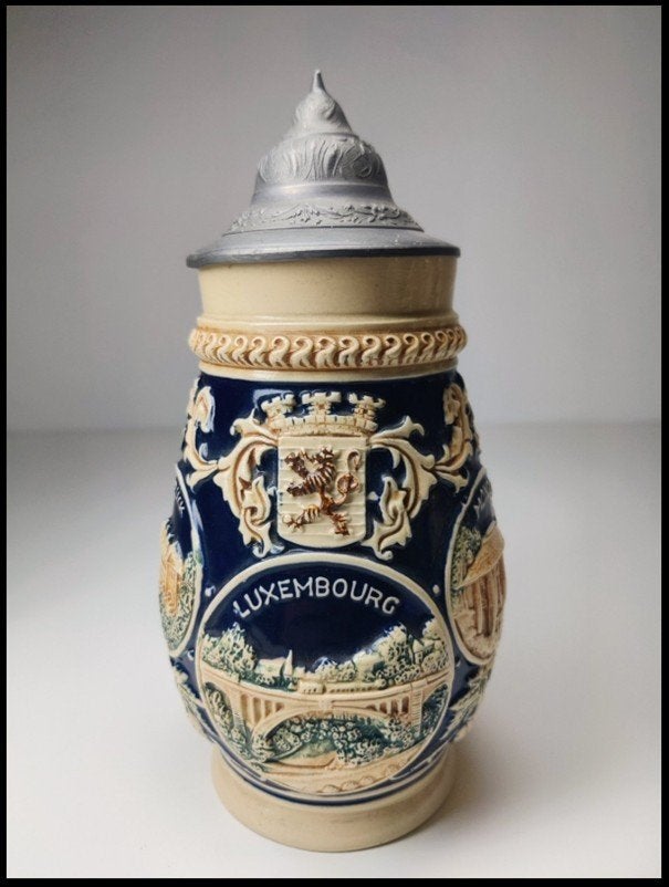 Bierpul. Stein, Bierkrug. Luxembourg, Luxemburg. Tin deksel., Ophalen of Verzenden