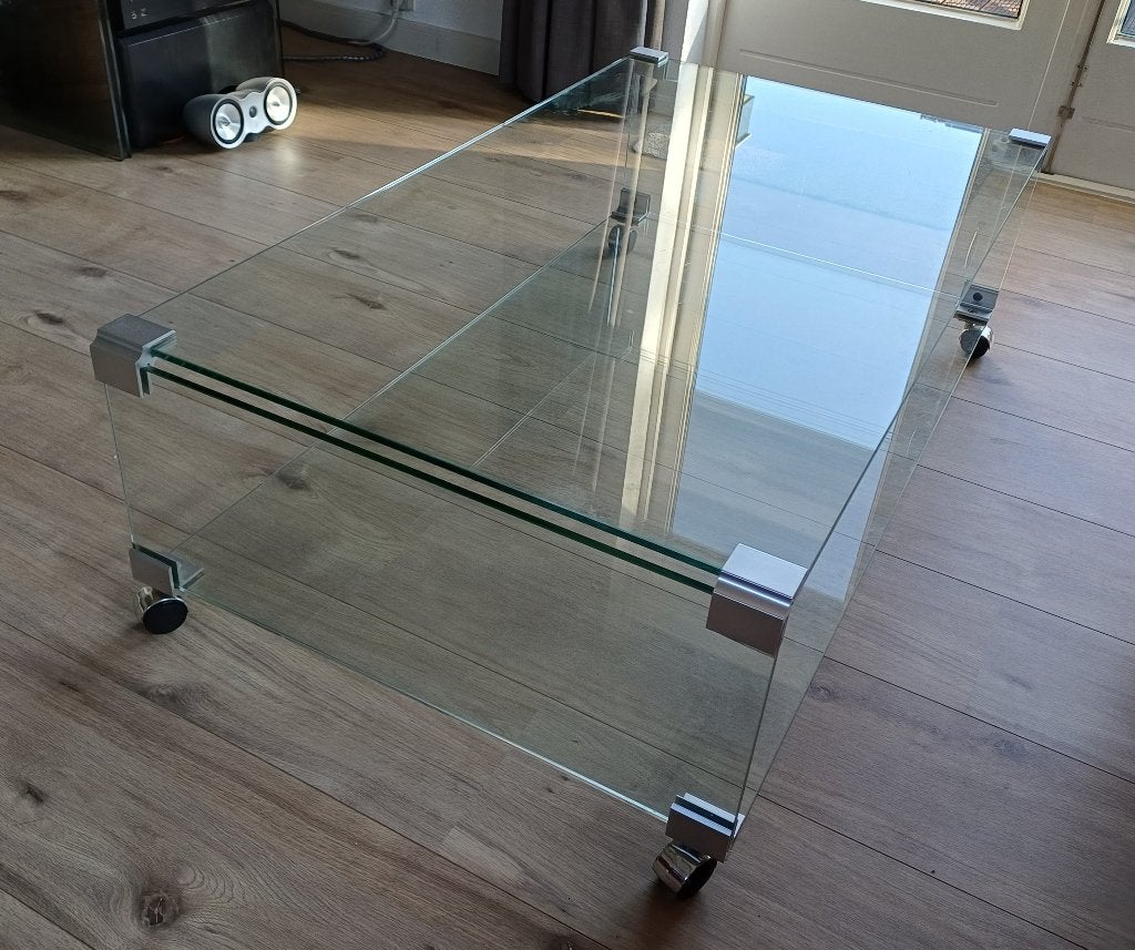 glazen salontafel op wielen met 1 bijzettafel gratis afhalen, Ophalen, Gebruikt, 100 tot 150 cm, Modern strak