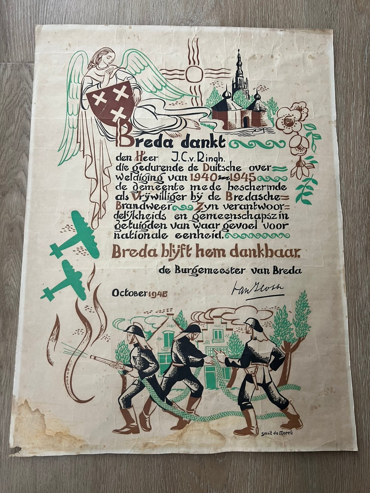 WO2 Nederlands Oorkonde LBD Brandweer Breda 1945, Verzamelen, Verzenden, Nederland, Embleem of Badge