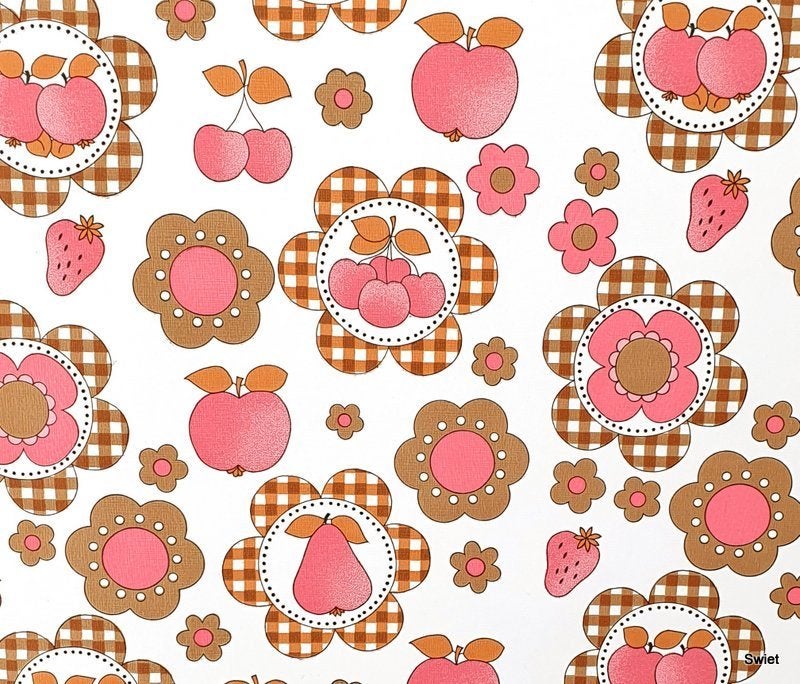 13050 Vintage fruit bloemen behang met retro dessin swiet, Verzenden, Roze