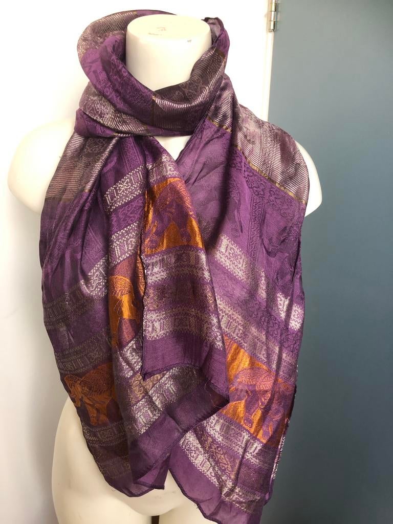 India’se sjaal met olifanten paars oranje geweven, Kleding | Dames, Mutsen, Sjaals en Handschoenen, Maat 46/48 (XL) of groter