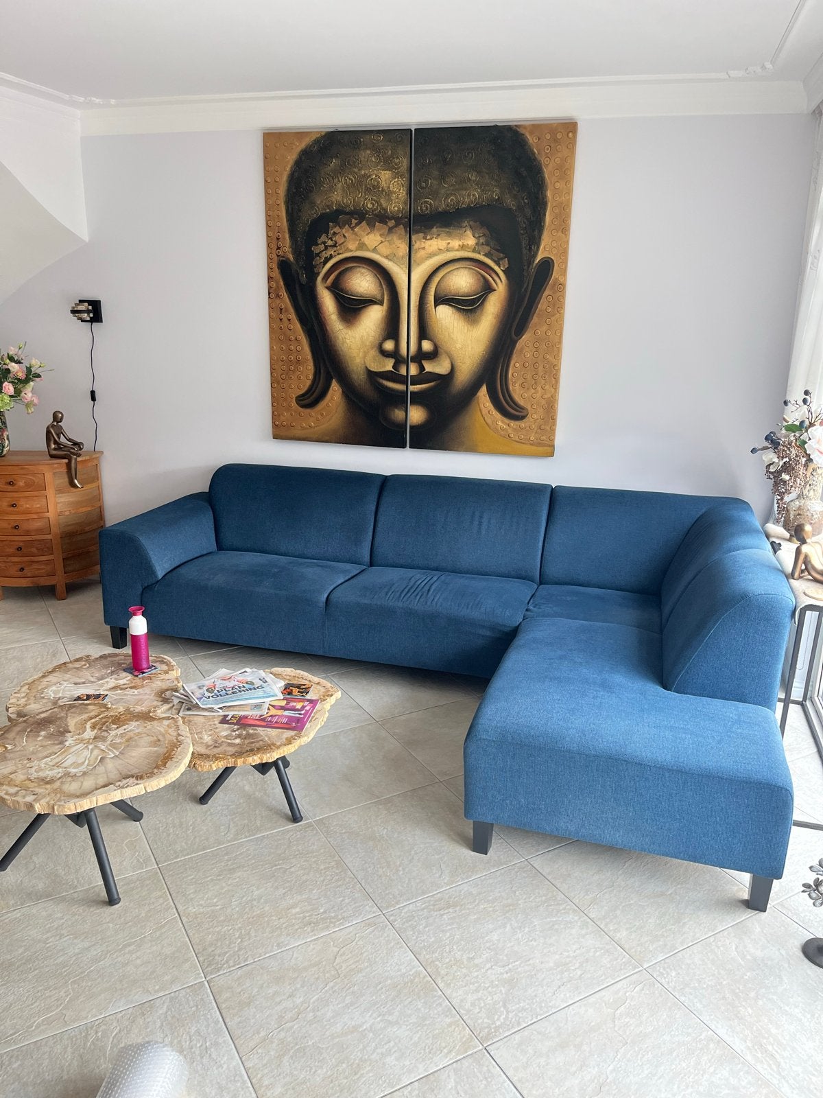 Ruime blauwe hoekbank met chaise longue – ca. 295 x 190 cm, Ophalen, 250 tot 300 cm, Gebruikt, Hoekbank