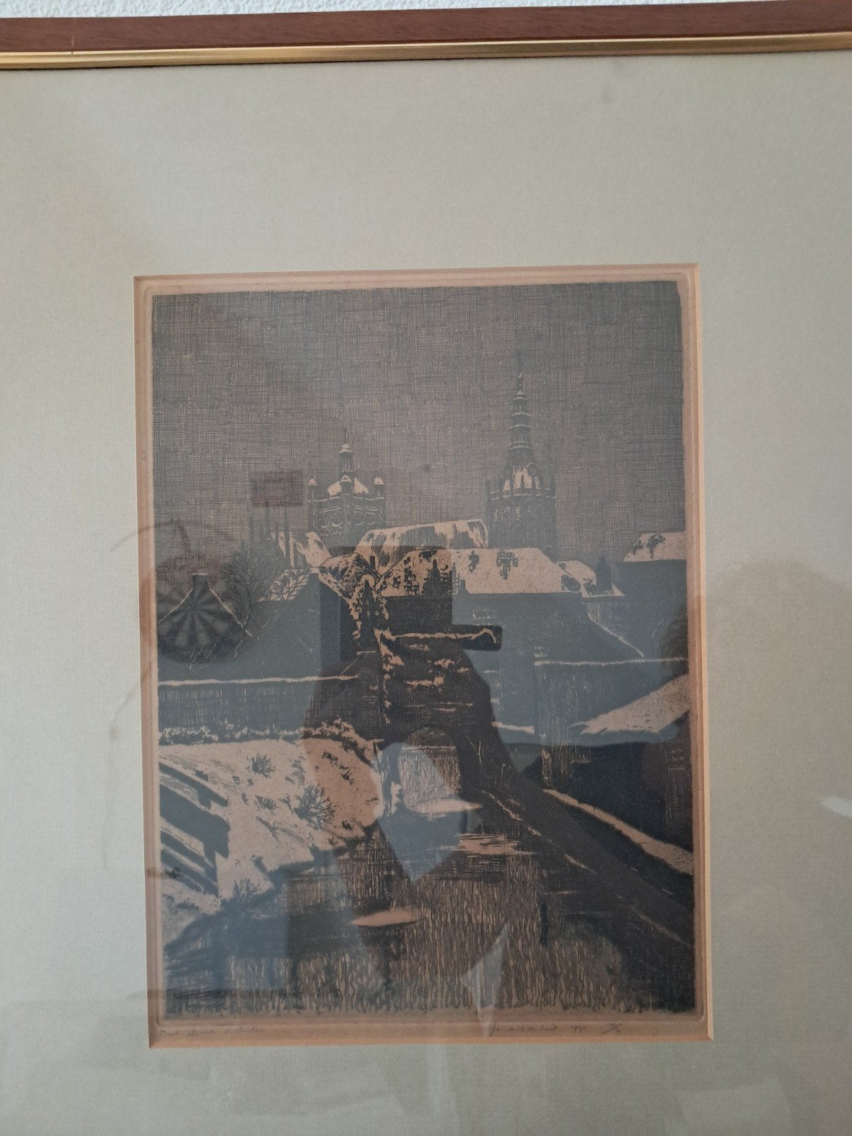 Stadsgezicht in de sneeuw - Ets, Antiek en Kunst, Ophalen