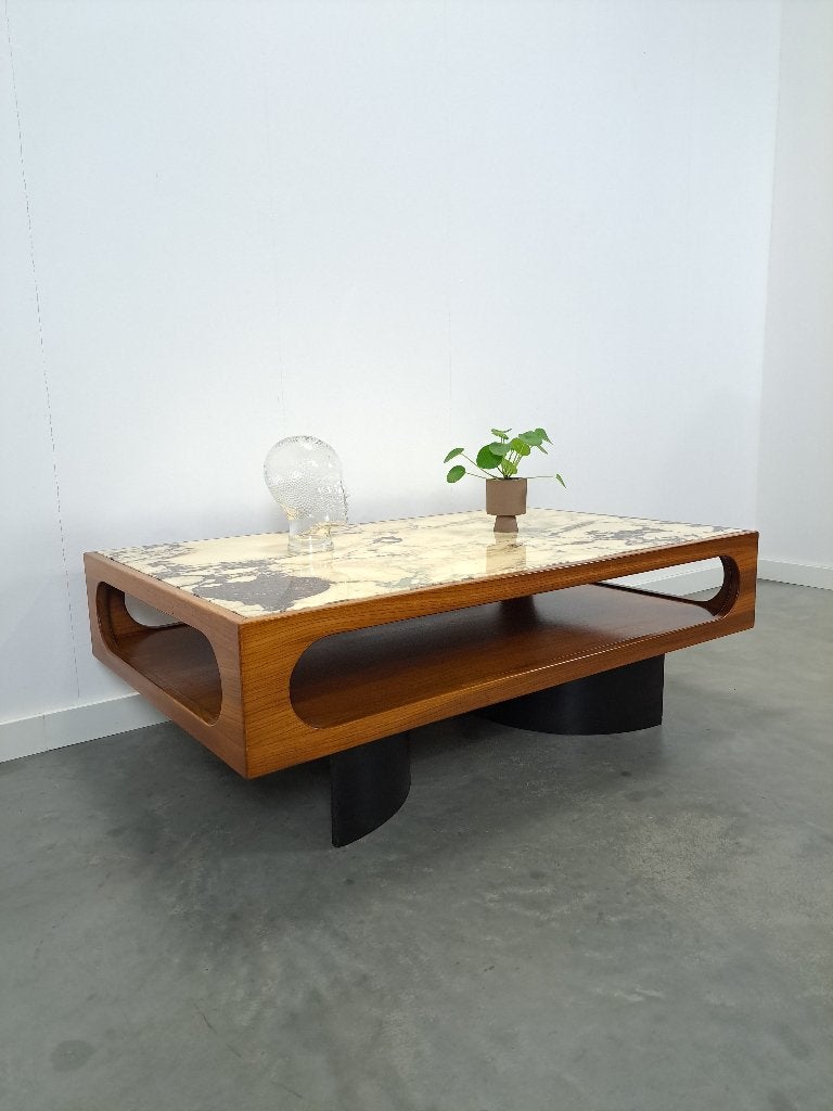 Teak salontafel met groot marmeren blad, 100 tot 150 cm, Vintage, Gebruikt, Teakhout
