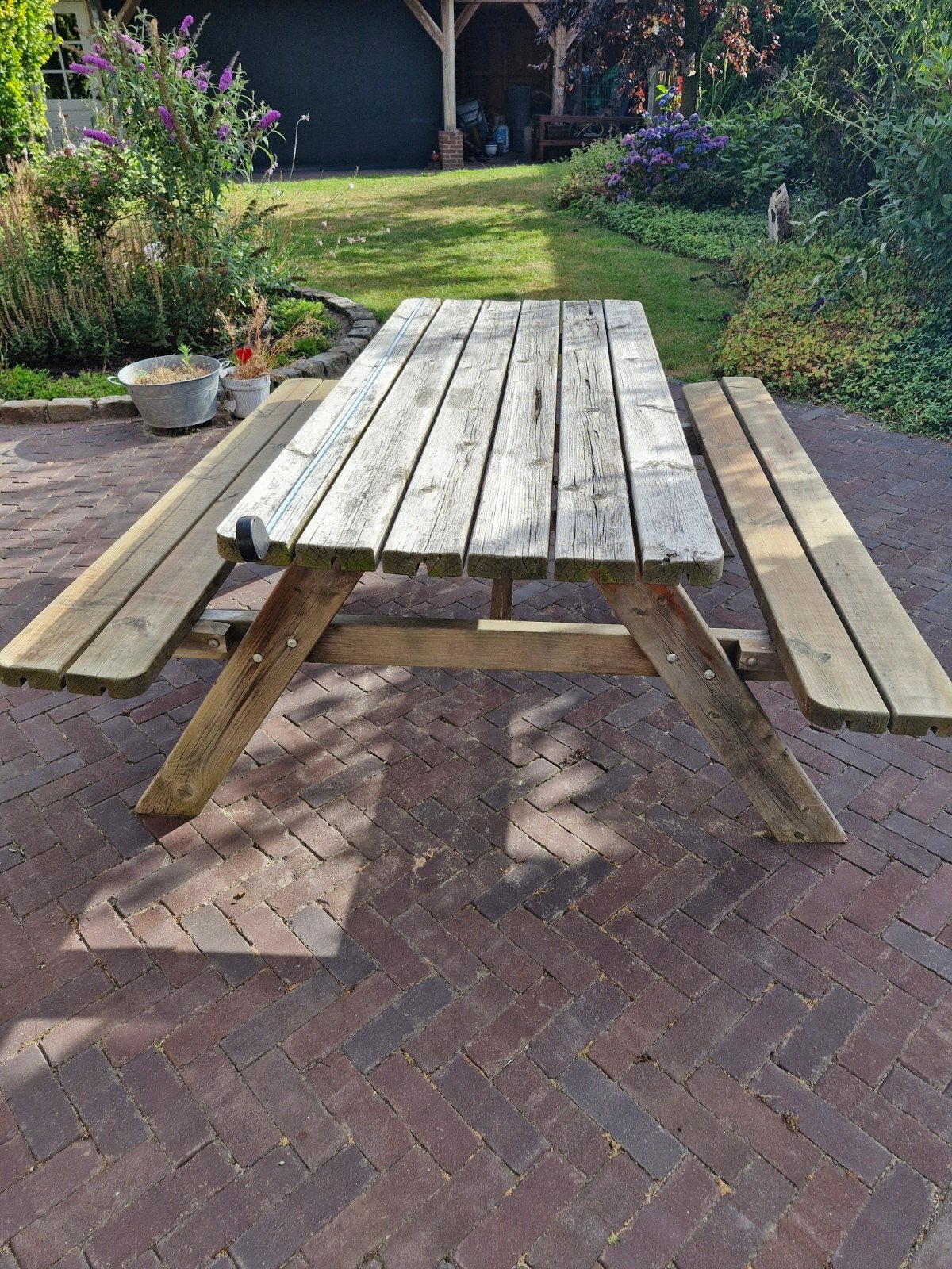 Picknicktafel hout met opklapbare bankjes, Ophalen, Gebruikt, Rechthoekig, Hout