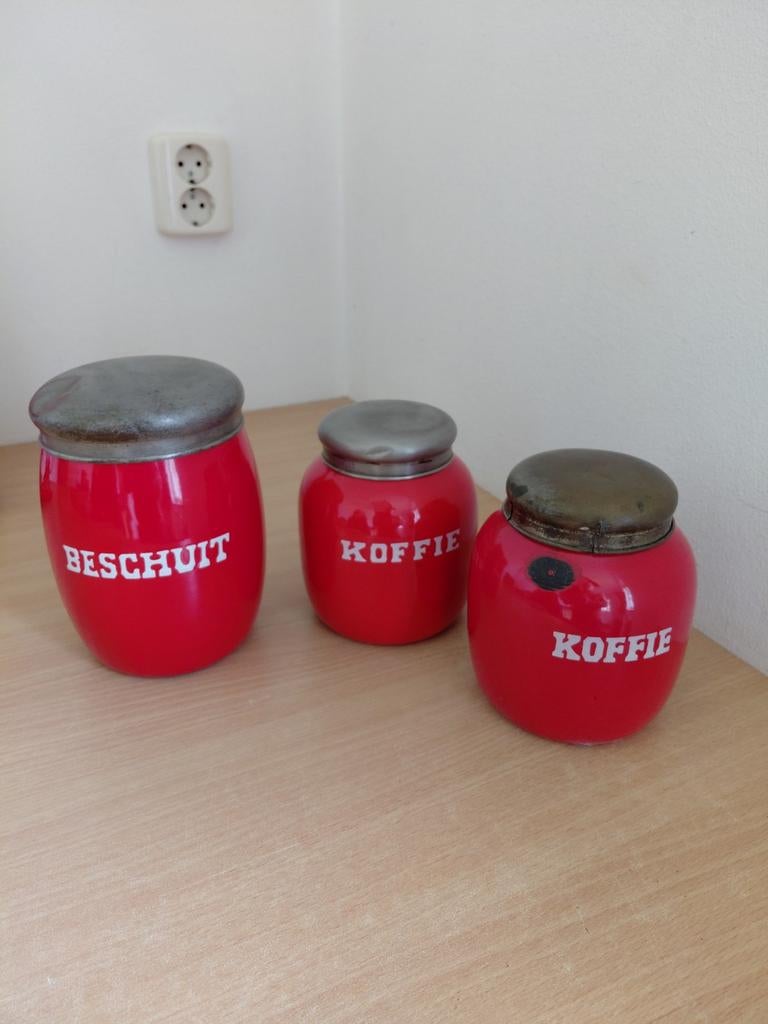 Set van 3 antieke emaille bussen - Koffie en Beschuit, Antiek en Kunst, Antiek | Emaille, Ophalen