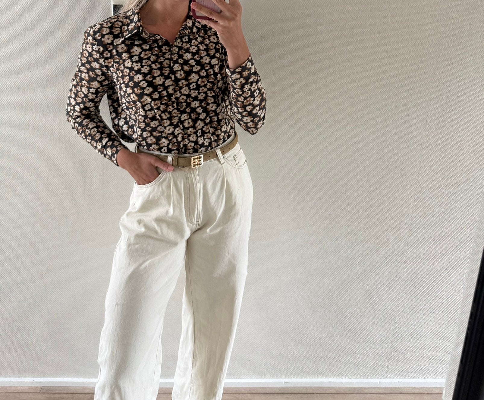 Panterprint blouse travelstof maat m, Ophalen of Verzenden, Zo goed als nieuw, Bruin, Lange mouw