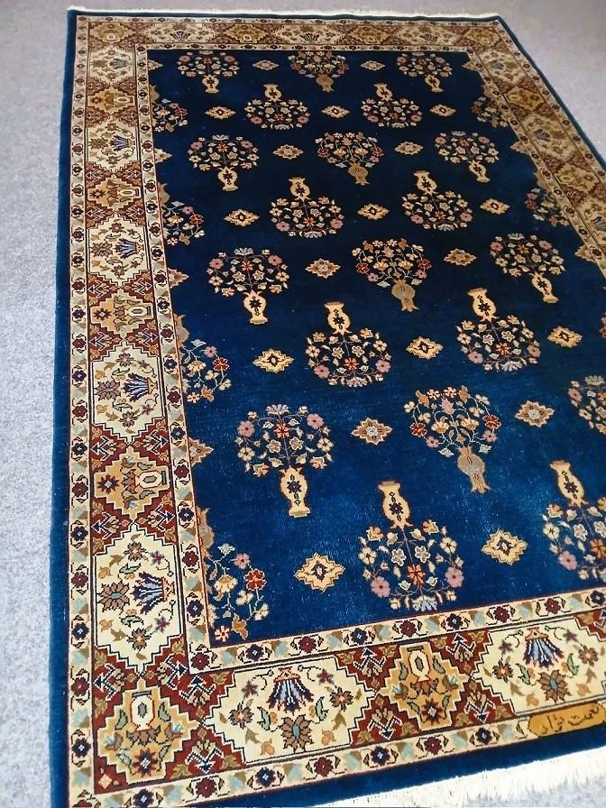 Perzisch tapijt handgeknoopt Ghom Oosters vloerkleed, Gebruikt, Blauw, 200 cm of meer, Ophalen of Verzenden
