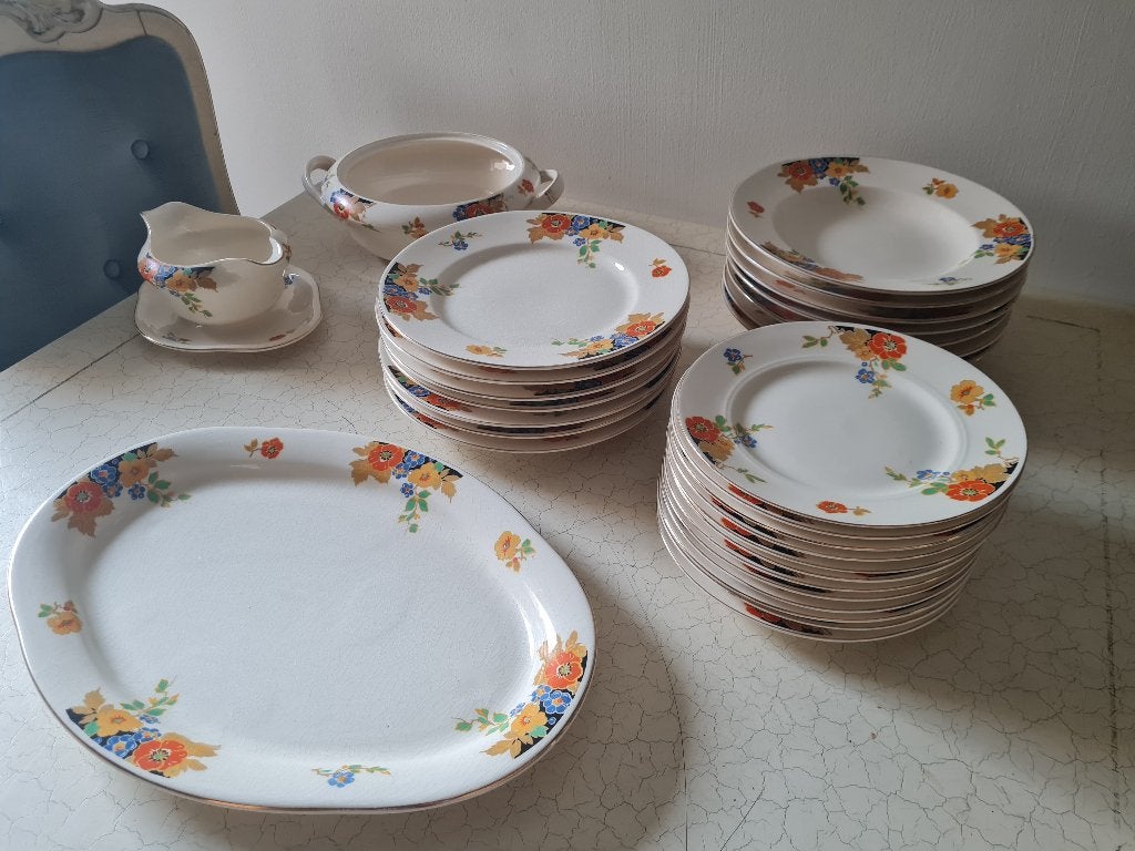 Antiek Mosa servies 29-delig 8 poortjes gestempeld, Ophalen of Verzenden