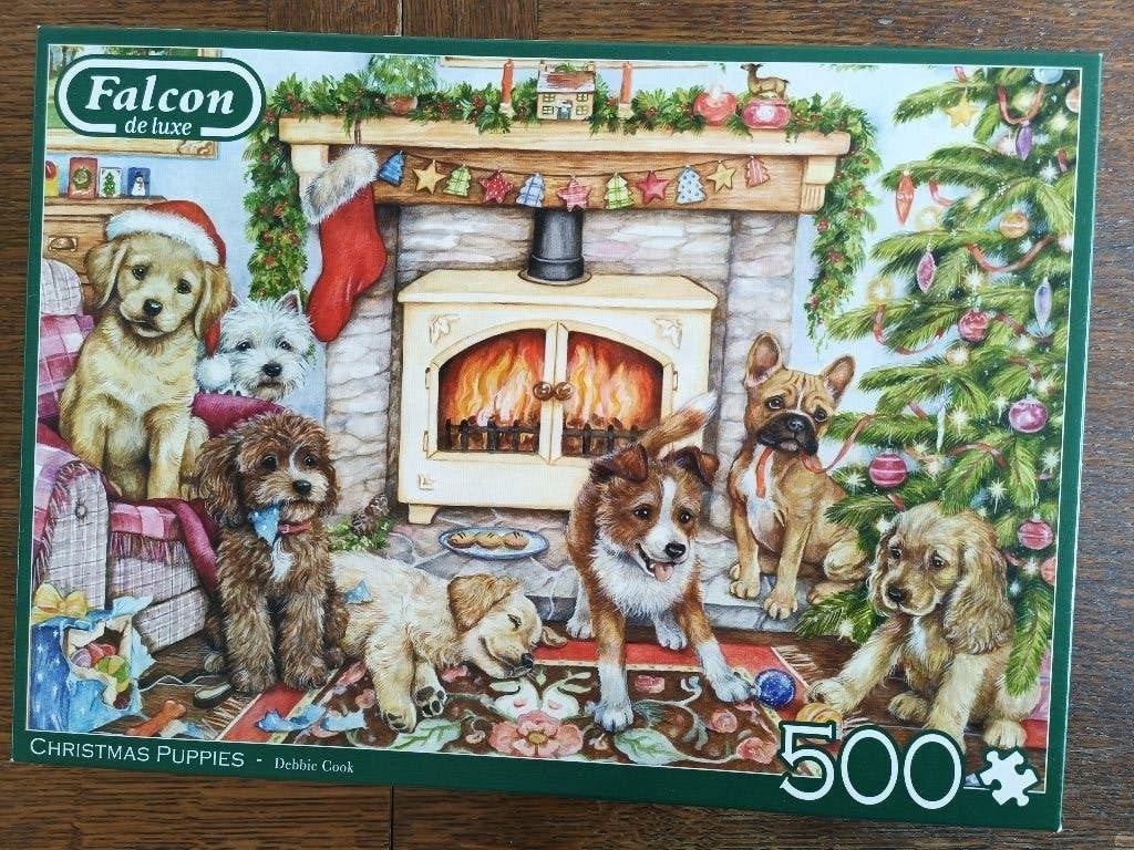 Falcon Puzzel 500 Stukjes - Kerstmis met Puppy's, Ophalen of Verzenden, 500 t/m 1500 stukjes, Zo goed als nieuw, Legpuzzel