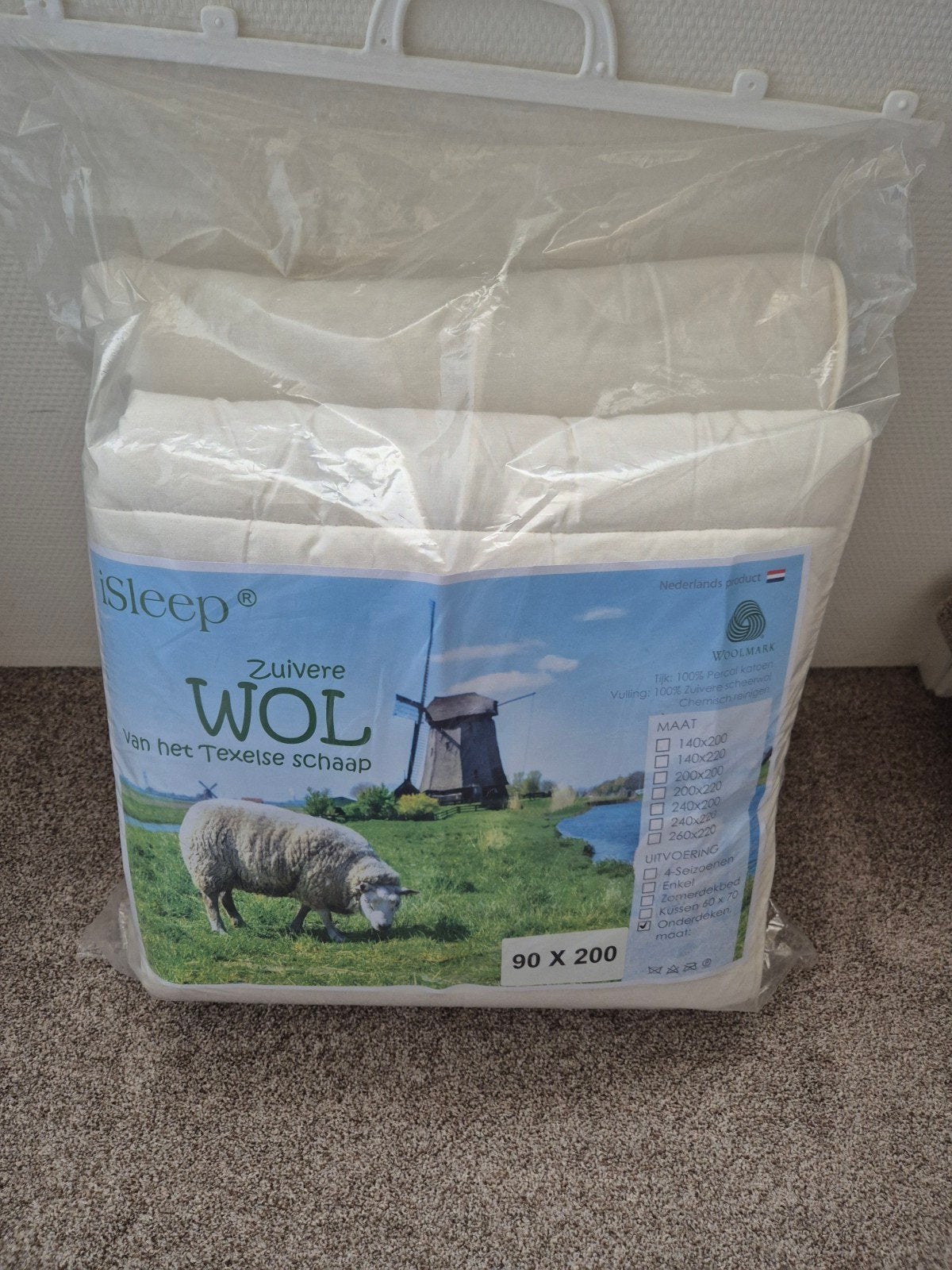 Nieuwe iSleep onderdeken van zuivere Texelse wol 90x200 cm, Ademend, Eenpersoons, Wit, Nieuw