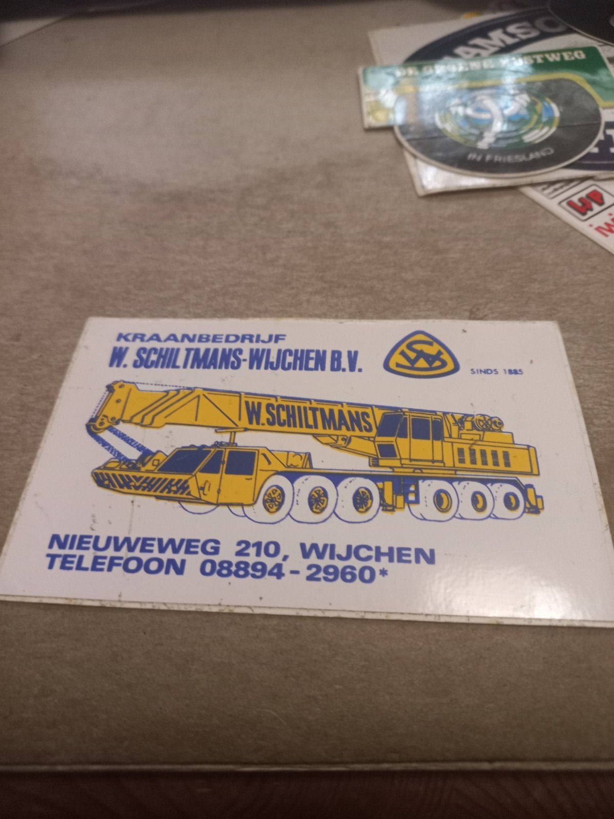 Vintage Reclamesticker Kraanbedrijf W. Schiltmans Wijchen, Ophalen of Verzenden, Gebruikt