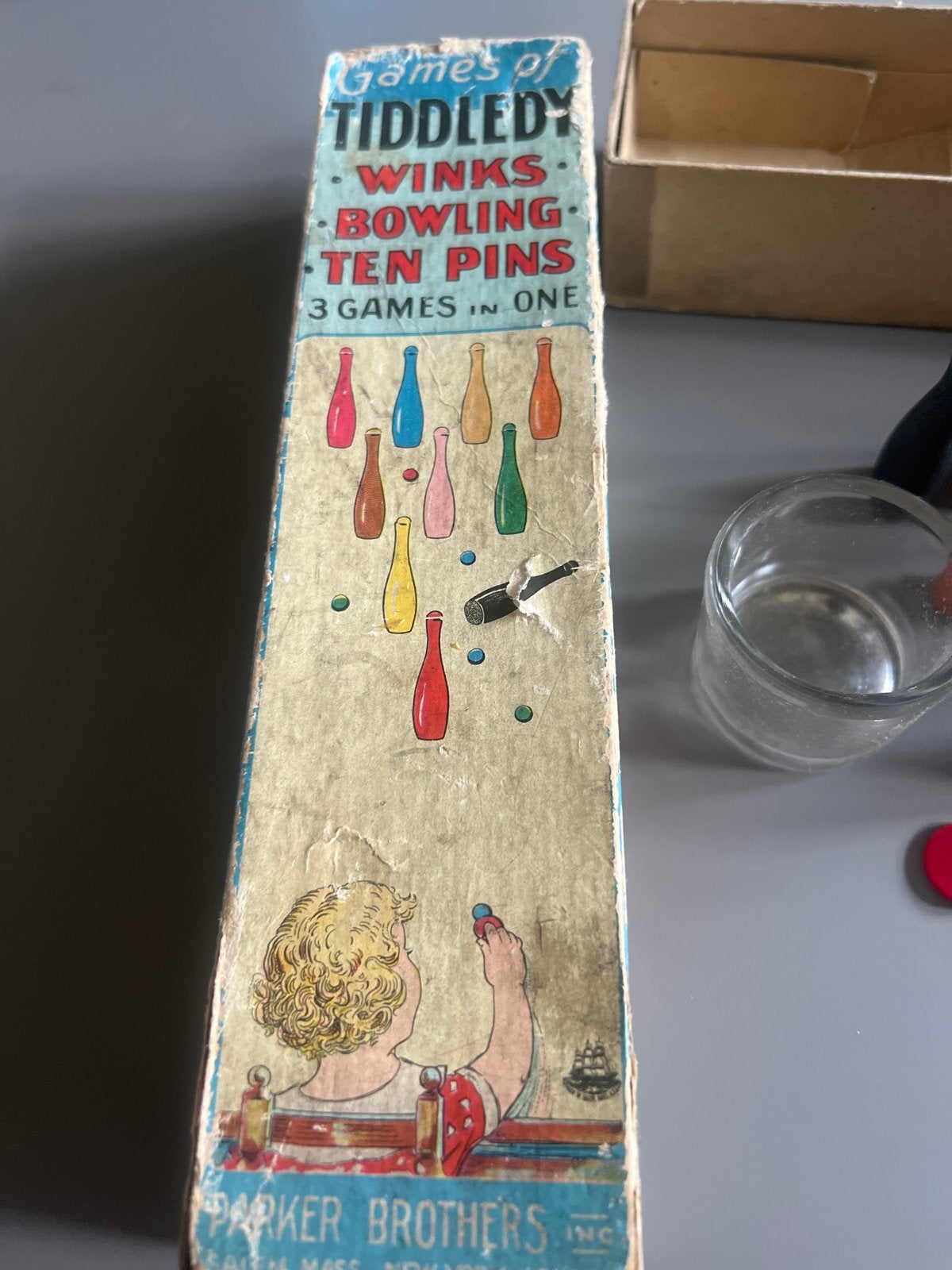 Vintage Tiddledy Winks Bowling Ten Pins - 3 Spellen in één, Een of twee spelers, Ophalen of Verzenden, Gebruikt