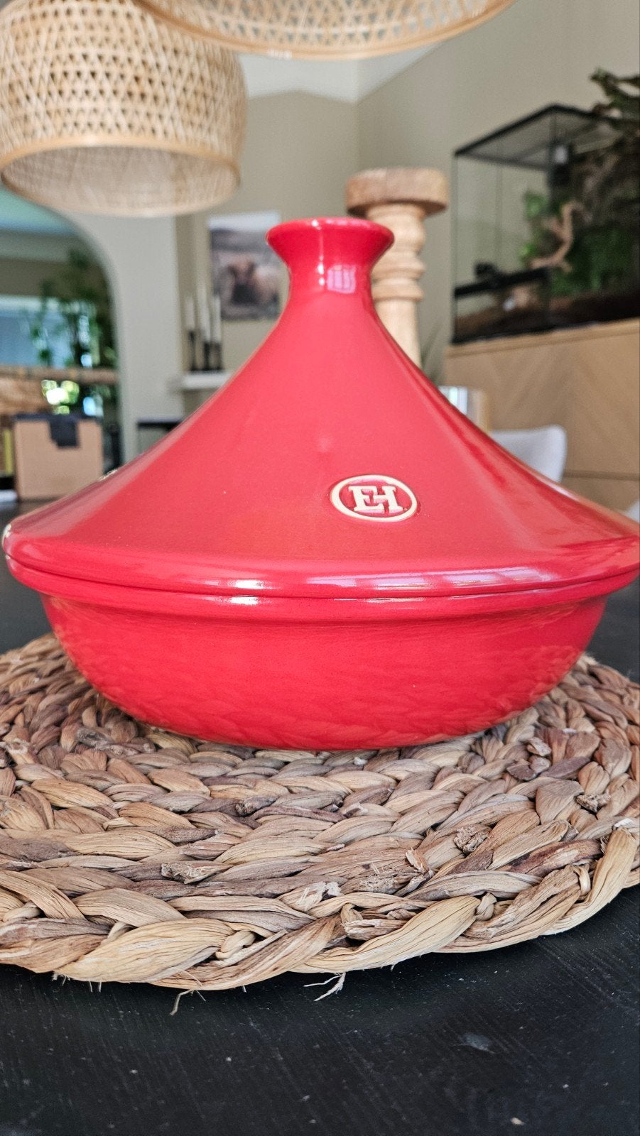 Emile Henry Tajine Rood 27cm, Gebruikt, Met deksel, Tajine, Ophalen of Verzenden