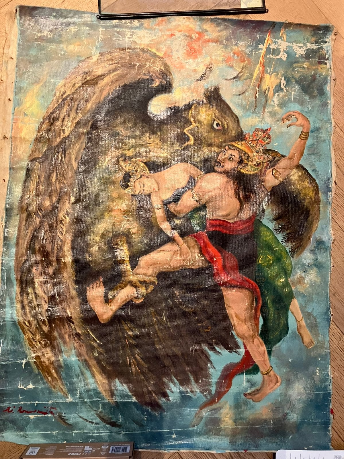 Doek ondertekend schilderij Ramayana - Sita, Ravana & Jatayu, Antiek en Kunst, Ophalen of Verzenden