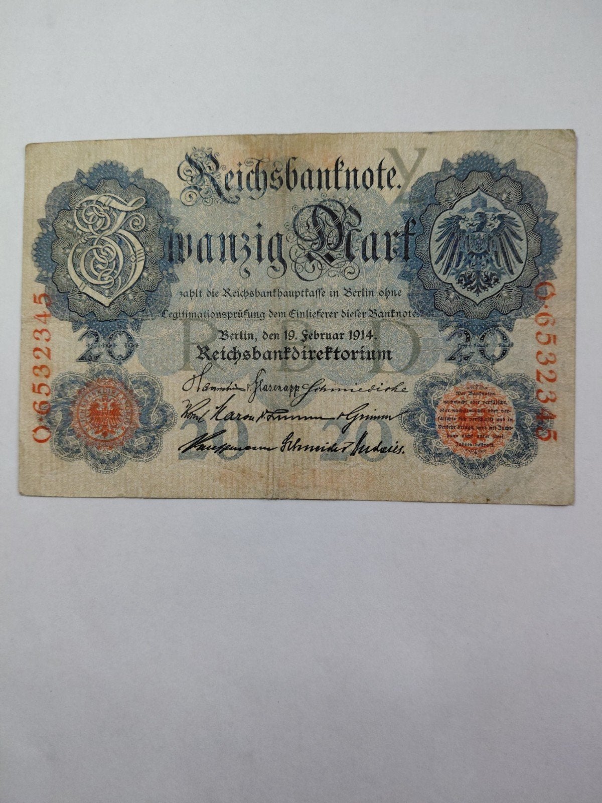 Duitse 20 mark ww1, Postzegels en Munten, Bankbiljetten | Europa | Niet-Eurobiljetten, Ophalen of Verzenden, Duitsland