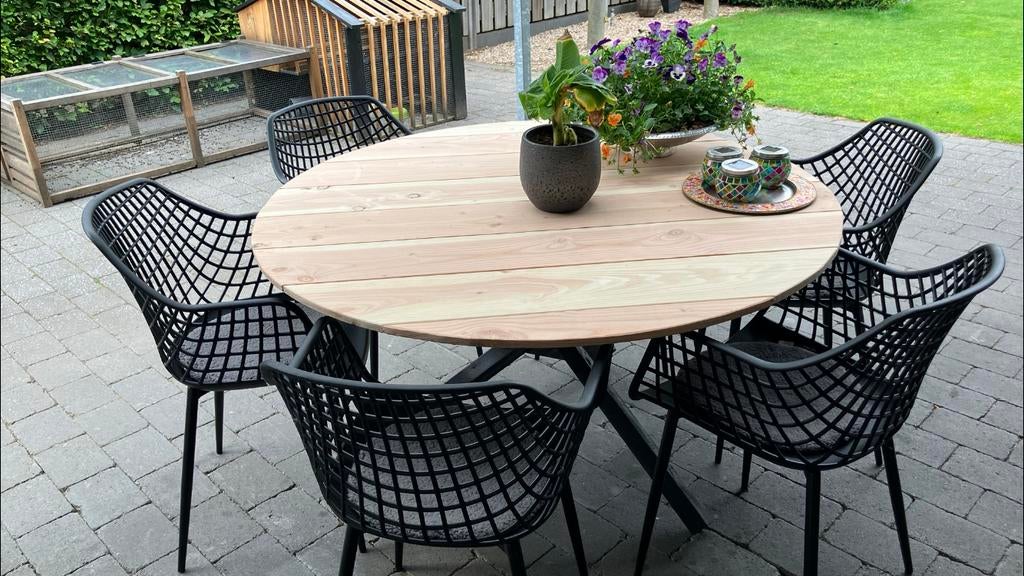 Tuintafel nieuw  rond tafel kruis  onderstel  zwart douglas, Ophalen, 4 zitplaatsen, Eettafel, Nieuw