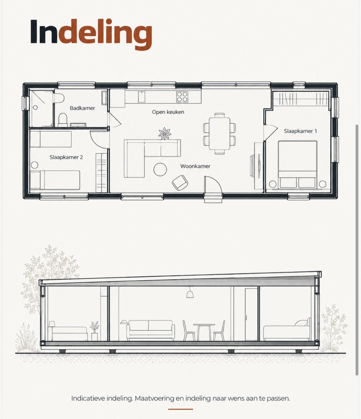 Chalet 12.00m x 4.00m, Huizen en Kamers, 50 m², Chalet, 2 slaapkamers
