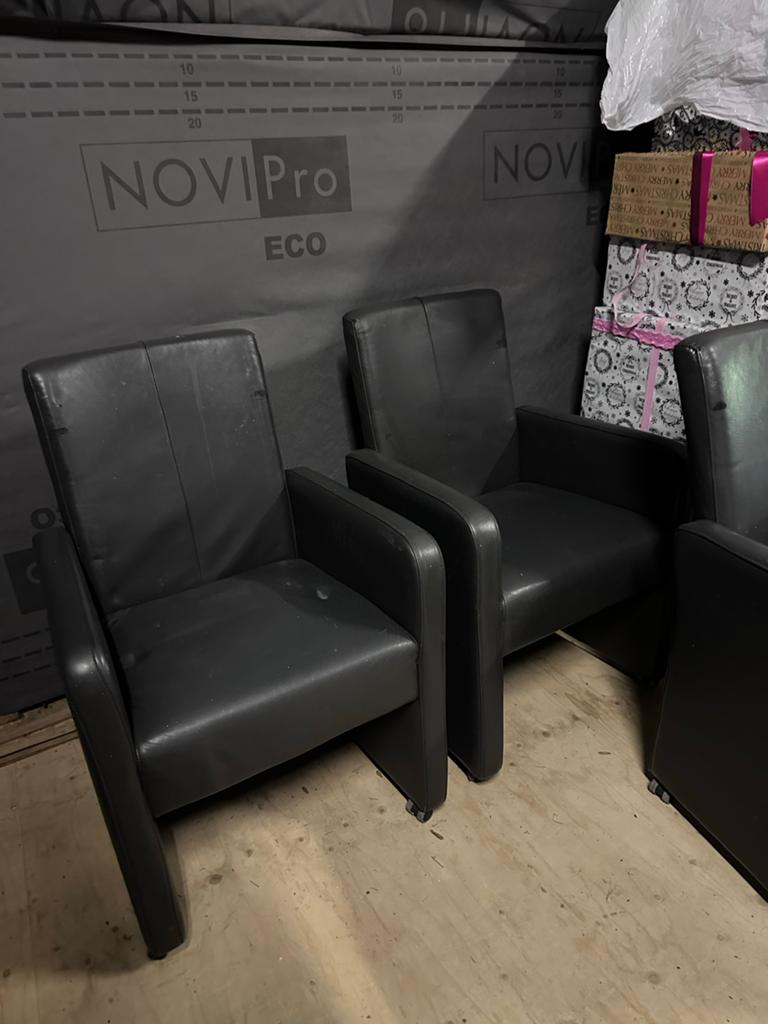 Set van 4 zwarte leren fauteuils - Gebruikt, Gebruikt, Zwart, Leer, Ophalen of Verzenden